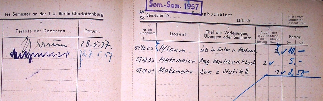 Auszug des Studienbuches von Dr. Müller-Graf, 1. Semester (Foto Dr. Hochhaus)