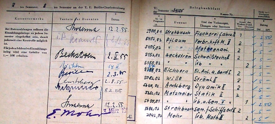 Im 8. Semester finden wir die Namen der Professoren Strohbusch, Pflaum, Beckström, Eichhorn, Wille und Amtsberg für die Fachvorlesungen im Studienbuch (Foto Dr. Hochhaus)
